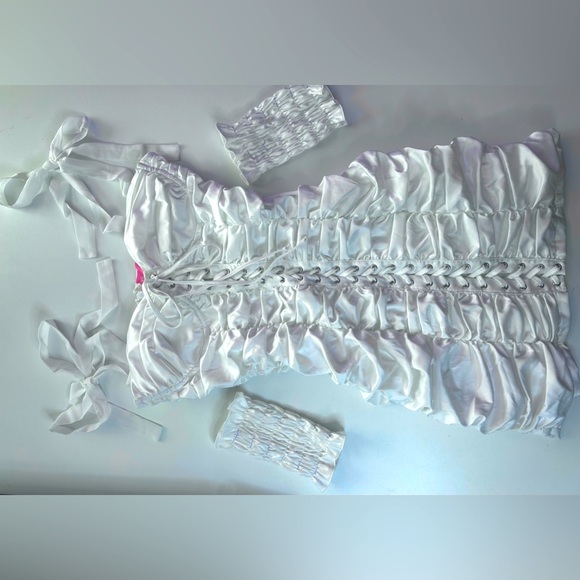 SUGAR THRILLZ DOLLS KILL WHITE BRIGHT BUDS RUCHED MINI DRESS GLOVES SET SMALL - Picture 2 of 6